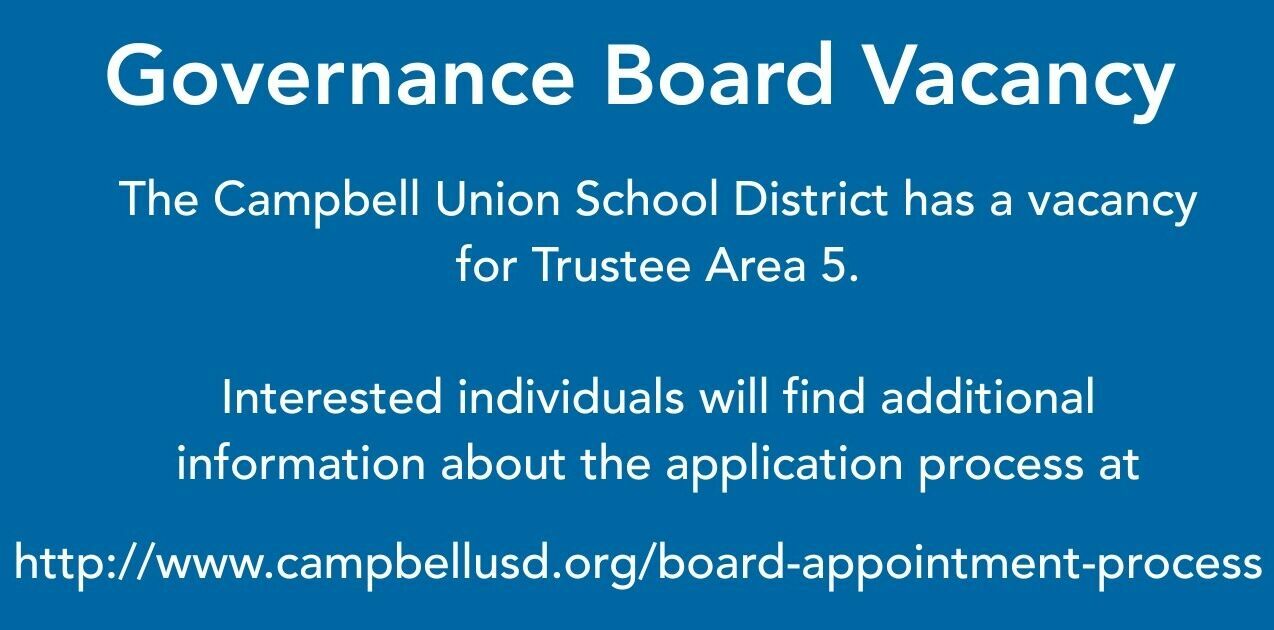 Screenshot announcing the vacancy in Trustee Area 5. Photo includes the weblink for interested candidates.