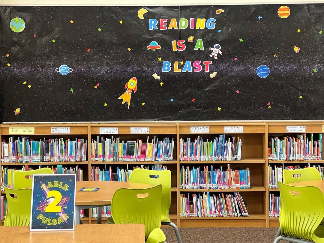 Instagram post: Check out our new library refresh! Reading is a blast!