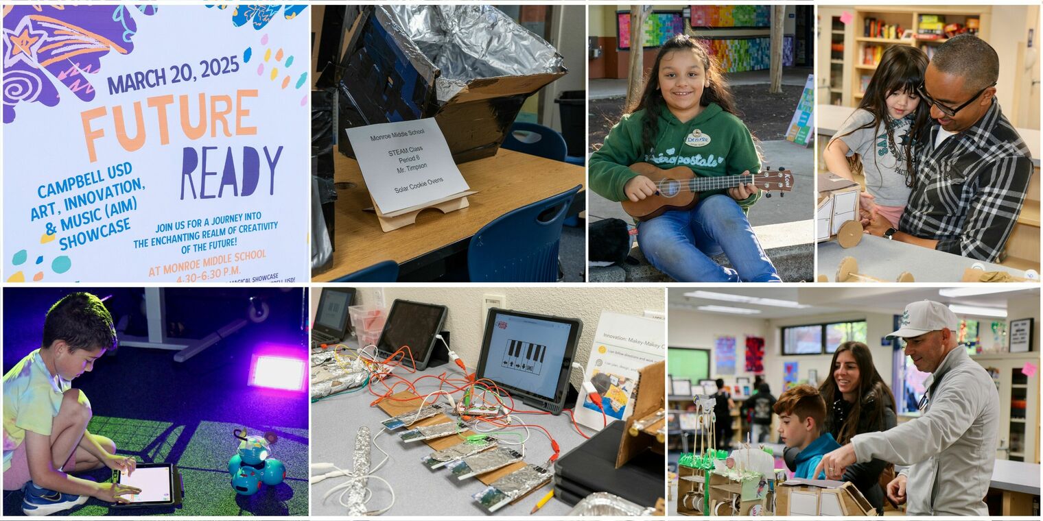 collage of images from teh showcase, students interacting with digital and musical devices