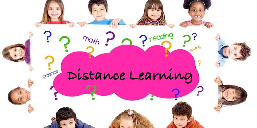 children holding a sign "Distance Learning"