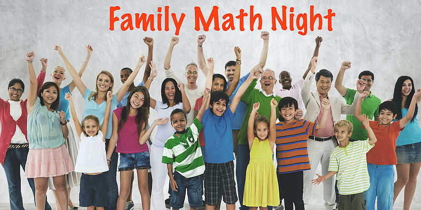 Group of parents and students with arms raised Family Math Night
