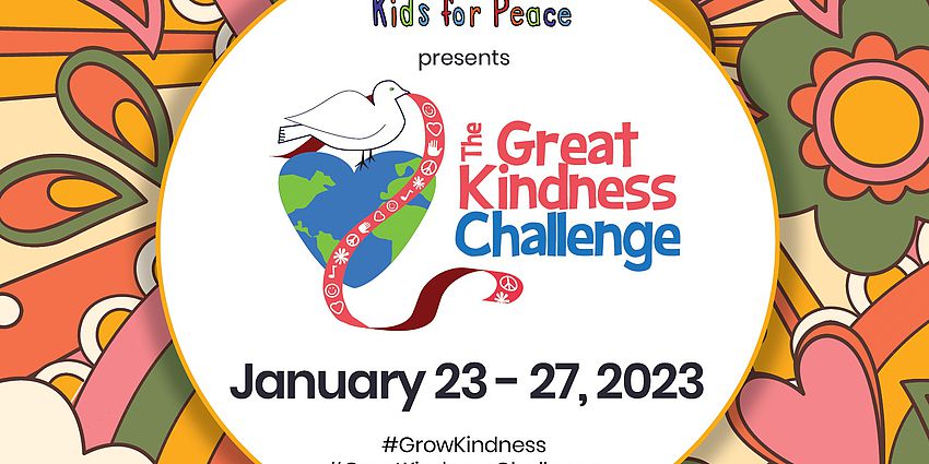 The Great Kindness Challenge image Save the Date with heart shaped world, dove and ribbon in mouth of dove