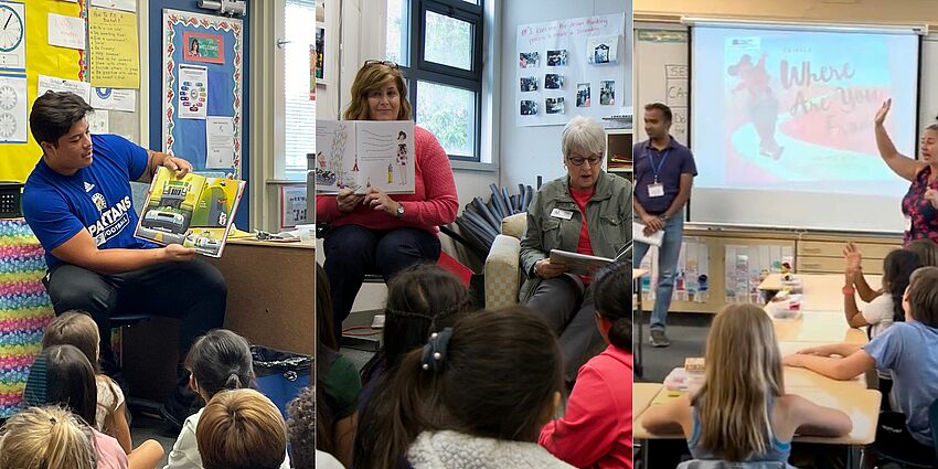 montage of men and women reading books to groups of students