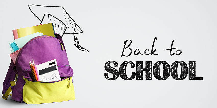 backpack with school supplies and the words