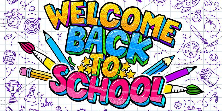 sign that says welcome back to school with several school related images around it