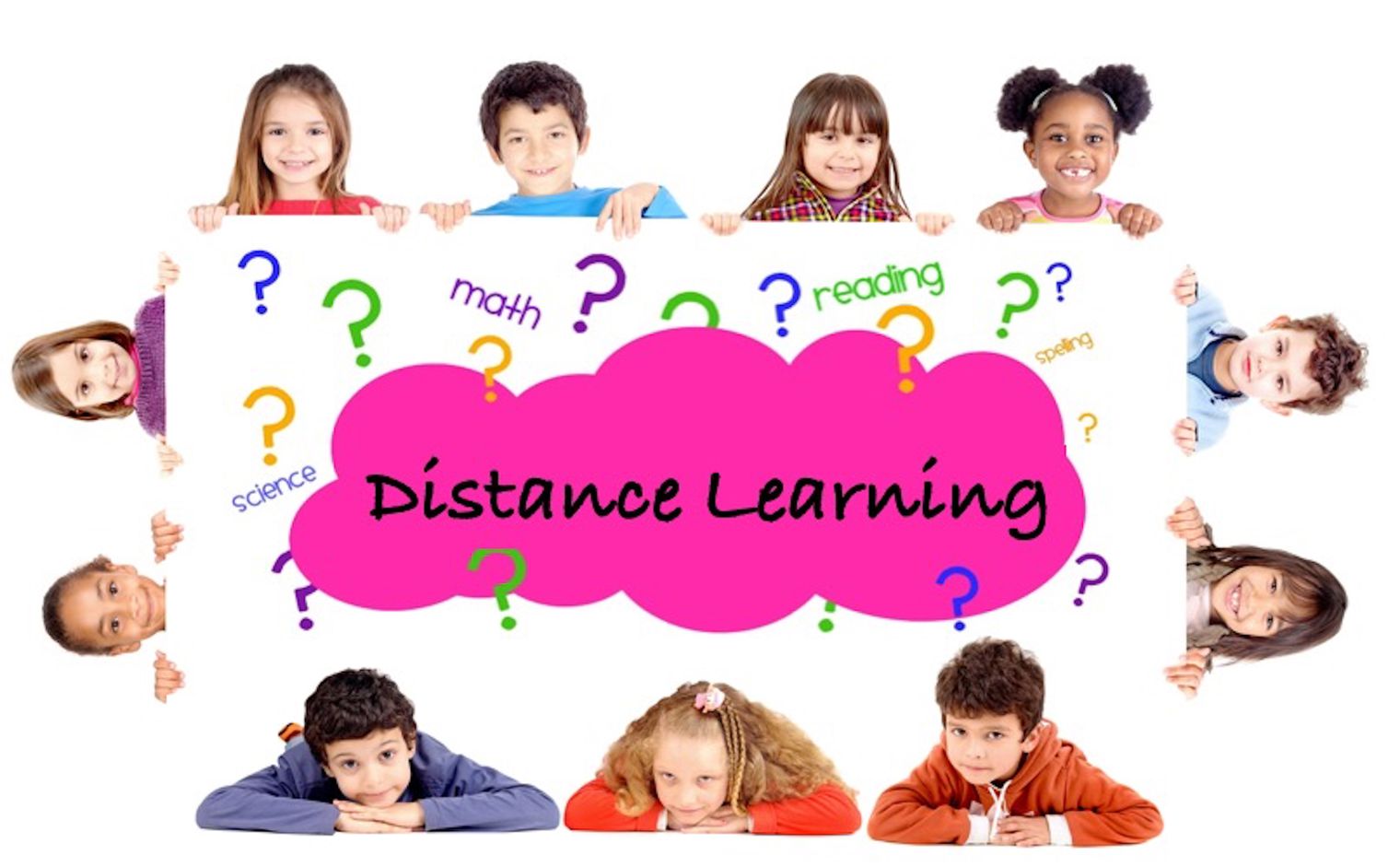 children holding a sign "Distance Learning"