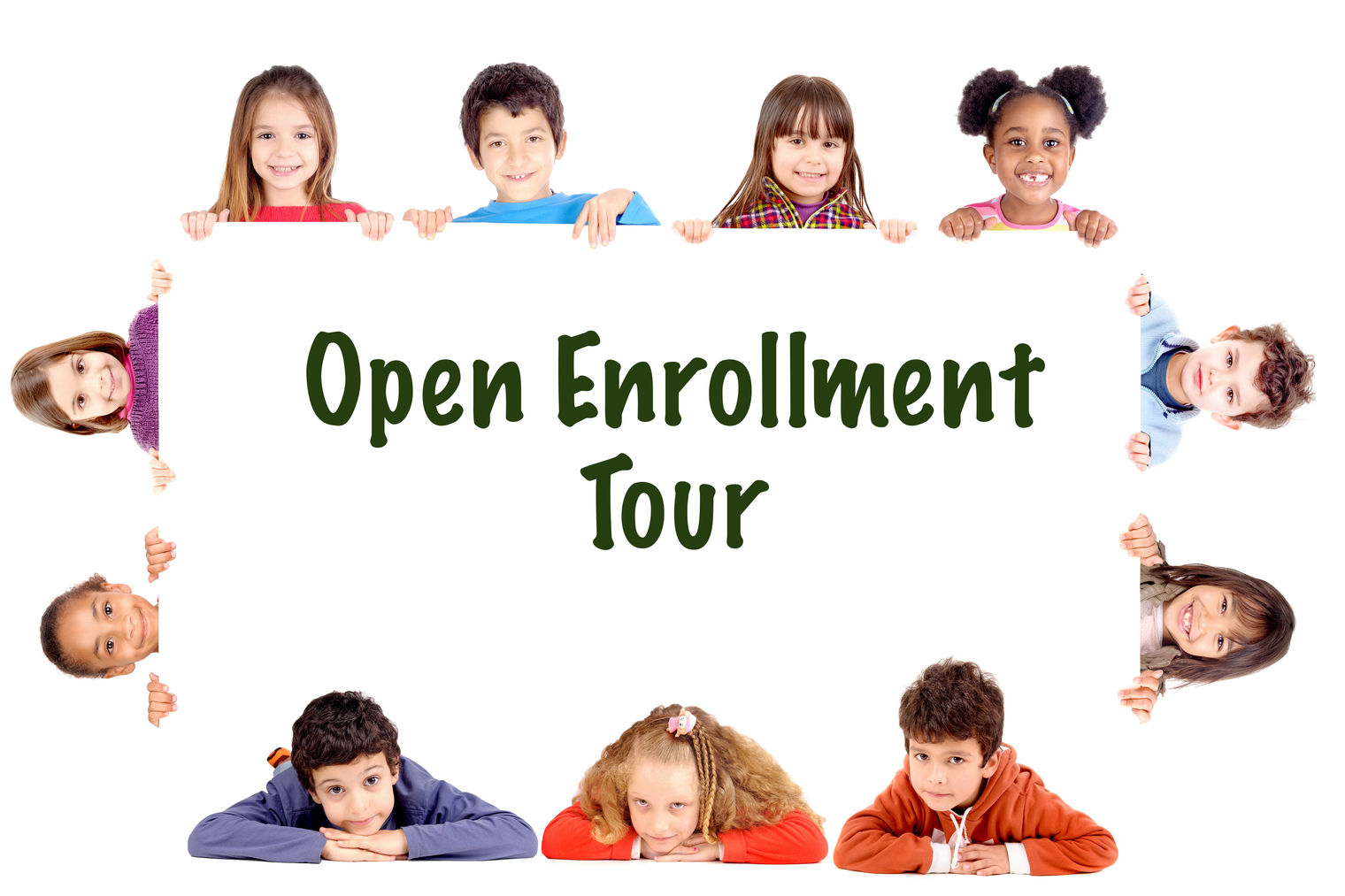 Young kids around a sign saying Open Enrollment Tour