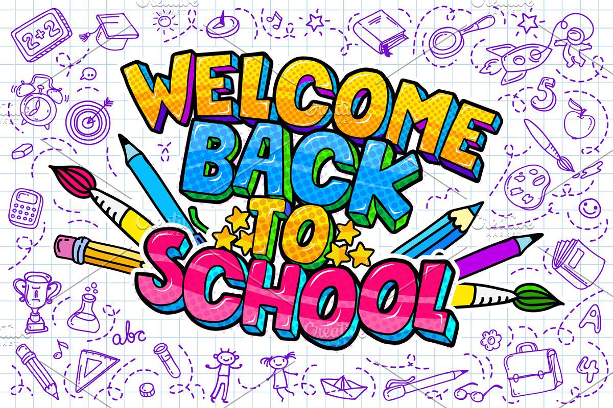 sign that says welcome back to school with several school related images around it