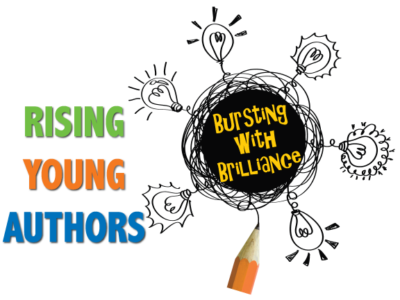 Image of light bulbs and pencil. Text says Rising Young Authors: Bursting with Brilliance